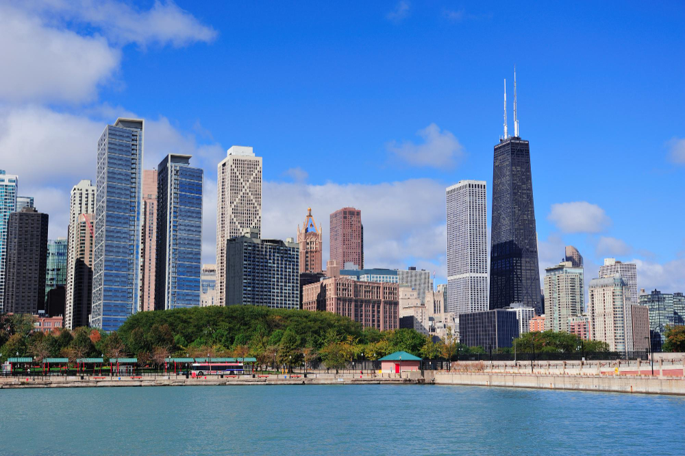 chicago city urban skyline with skyscrapers lake michigan with cloudy blue sky